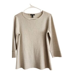Eileen Fisher 100% Wool Tunic Top XS Extra Small Beige Natural Crew Neck 3/4